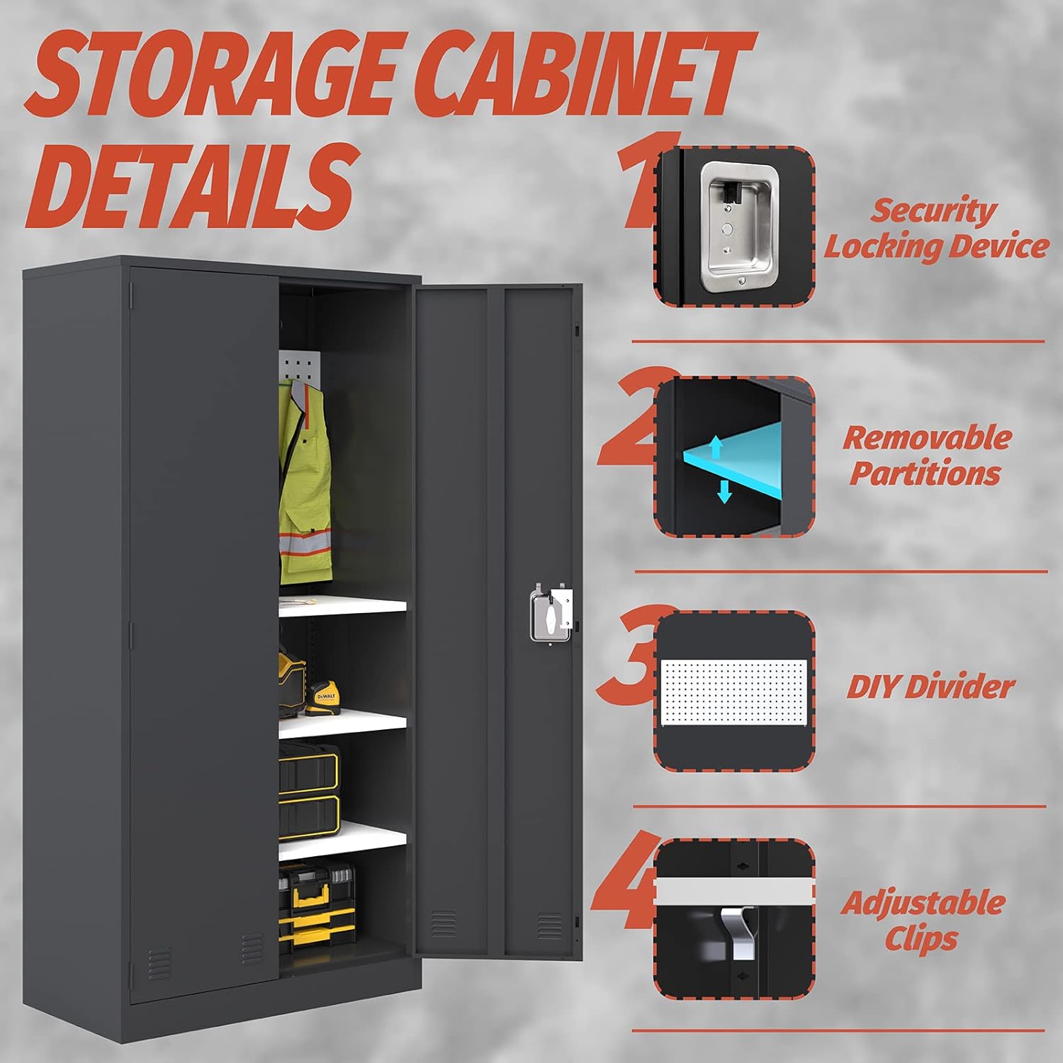 KaerWorld Metal Storage Cabinet,Lockable Storage Cabinets,Steel Storage Locker,Metal Garage Storage Cabinet,Tool Cabinet with Two Doors/Adjustable Shelf Height/DIY Shelfs for Office, Garage, Home (L)