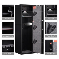 Large Black Steel Gun Cabinet, with Smart Combination Lock, Smart Alarm, LED Lights, Dividers and Gun Pouches, is Anti-Smashing.