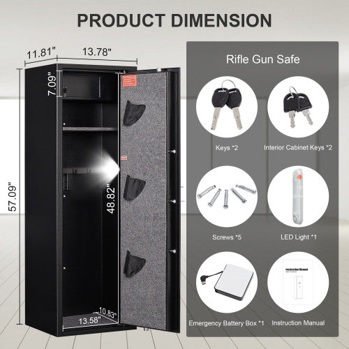 Large Black Steel Gun Cabinet, with Smart Combination Lock, Smart Alarm, LED Lights, Dividers and Gun Pouches, is Anti-Smashing.