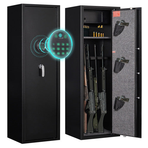 Large Black Steel Gun Cabinet, with Smart Combination Lock, Smart Alarm, LED Lights, Dividers and Gun Pouches, is Anti-Smashing.