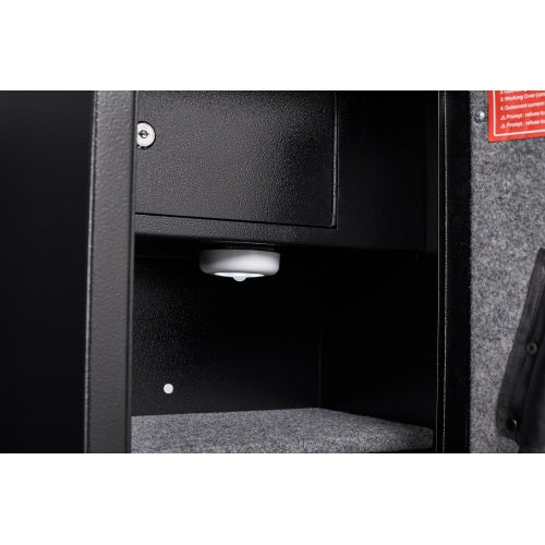 Large Black Steel Gun Cabinet, with Smart Combination Lock, Smart Alarm, LED Lights, Dividers and Gun Pouches, is Anti-Smashing.