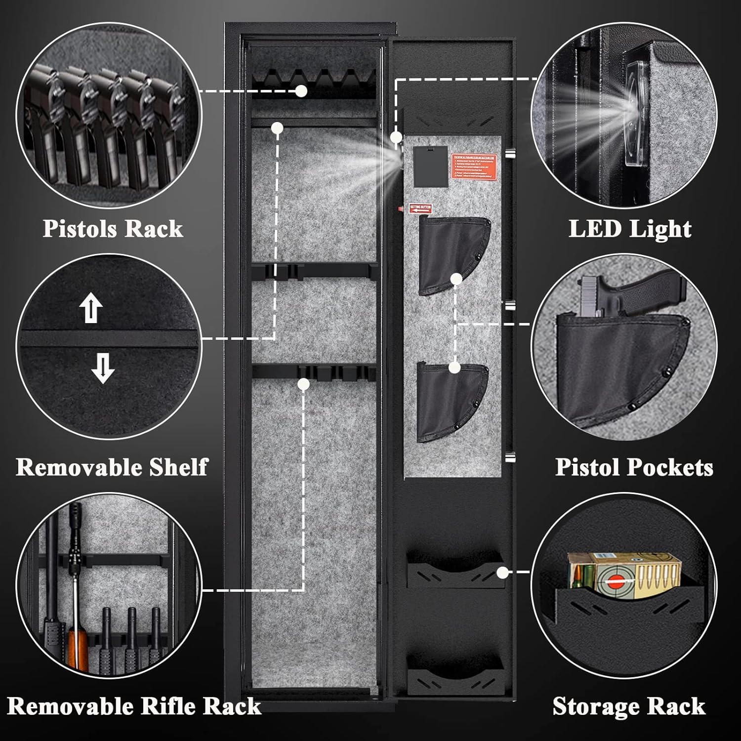 KaerWorld 3-5 Gun Safes for Home Rifle and Pistols, Quick Access Safes for Shotguns, Cabinets With Adjustable Rack, Pockets and Removable Shelf