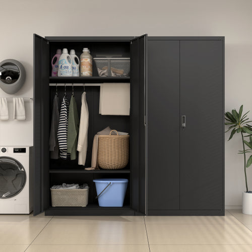 Metal Armoire Wardrobe Cabinets,70" Black Locker Steel Wardrobe Bedroom Storage Cabinet with Doors and Hanging Rod, Clothes Closet for Home, Office and Bedroom, School,Gym