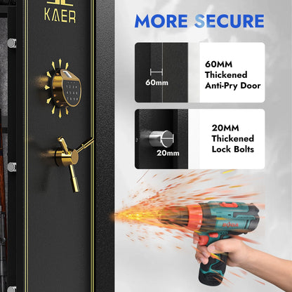 KAER 23-25 Assembled Gun Safe, Quick Access Biometric Gun Safe for Rifle and Pistol, Large Heavy-Duty Gun Cabinet for Shotgun with Removable Shelf & Gun Rack - KaerWorld