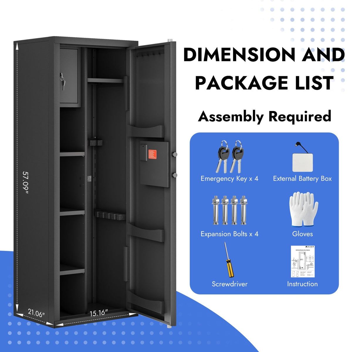 KAER 8-12 Gun Safe, Heavy-Duty Gun Safe for Rifle and Shotgun, Large Multi-Function Gun Cabinet with Removable Shelf and Rifle Rack, Unassembled - KaerWorld