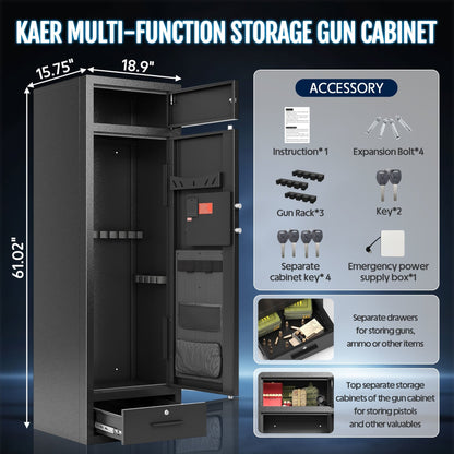 KAER 8-12 Gun Safe, Large Unassembled Gun Safe for Home, Gun Cabinet with Adjustable Rifle Rack and Drawer - KaerWorld