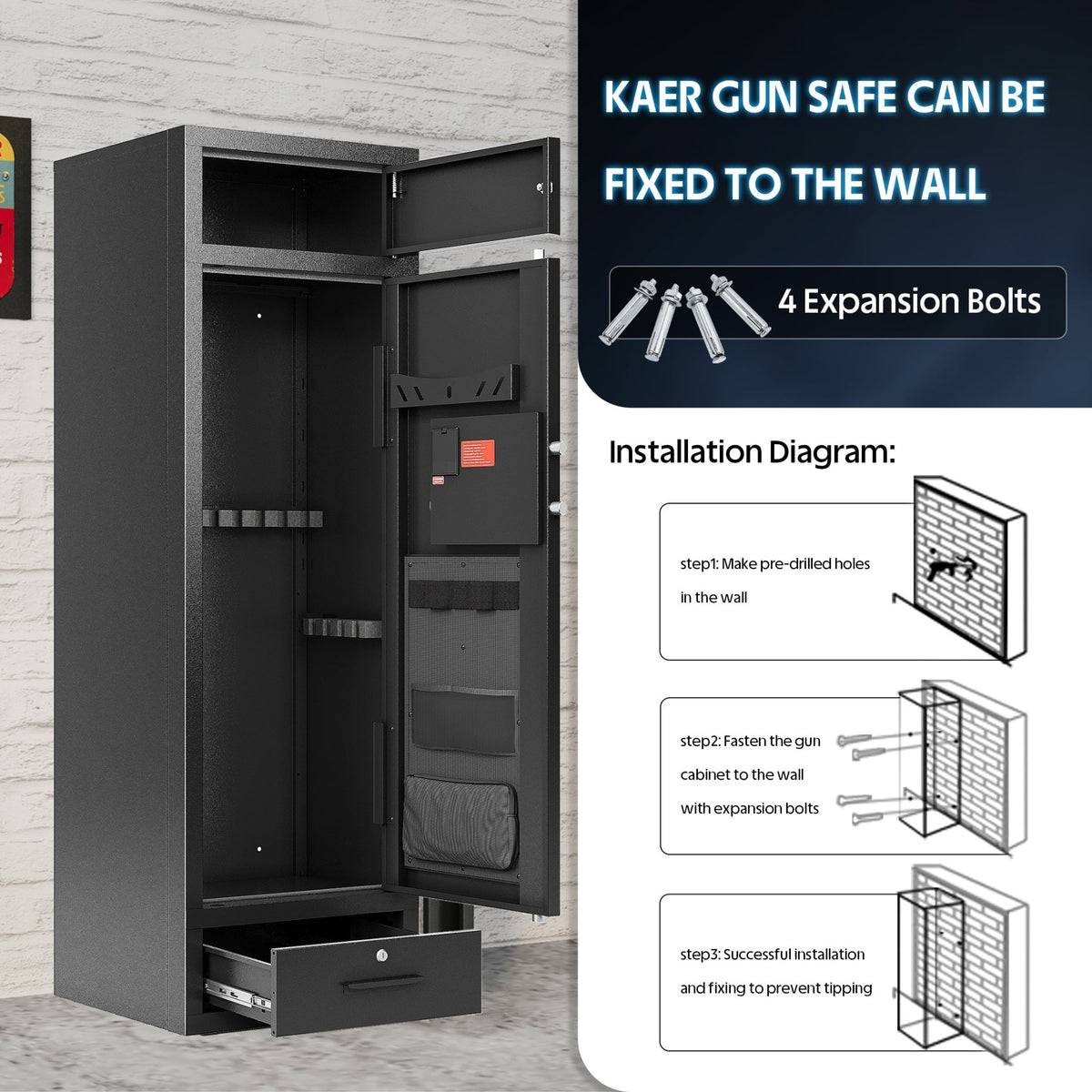 KAER 8-12 Gun Safe, Large Unassembled Gun Safe for Home, Gun Cabinet with Adjustable Rifle Rack and Drawer - KaerWorld