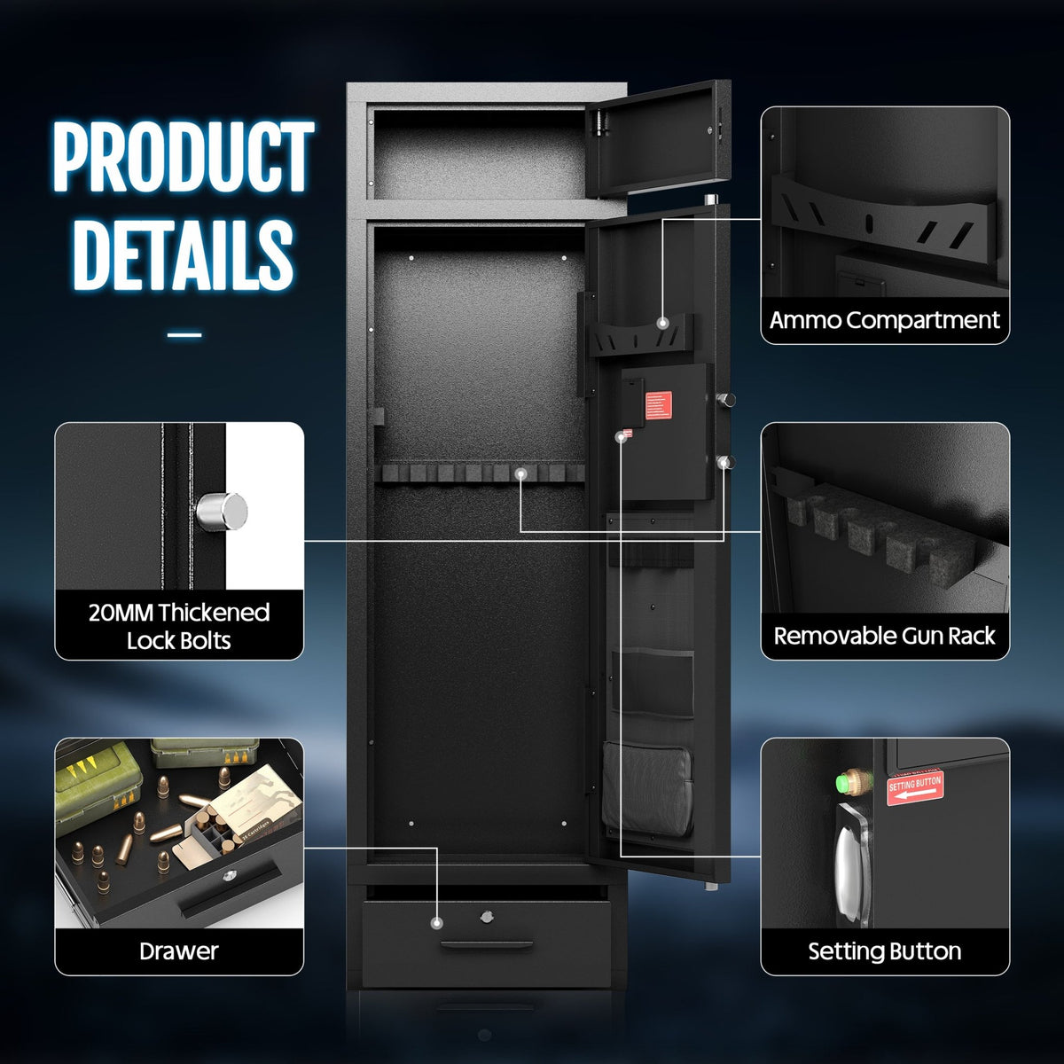 KAER 8-12 Gun Safe, Large Unassembled Gun Safe for Home, Gun Cabinet with Adjustable Rifle Rack and Drawer - KaerWorld
