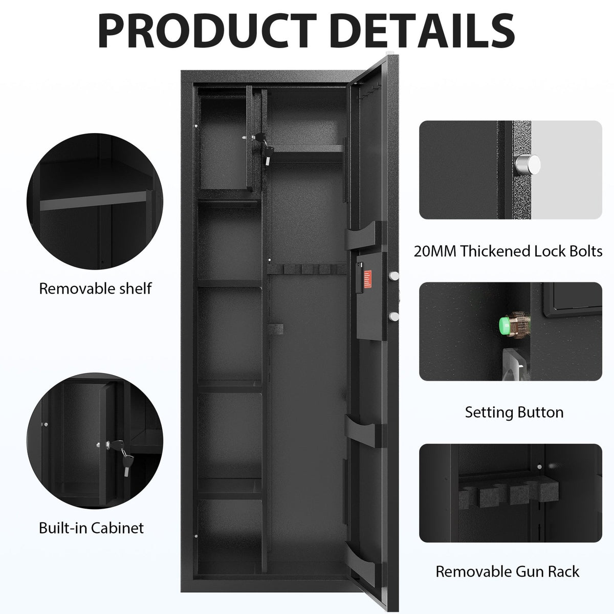 KAER 8-12 Gun Safe, Multi-Function Gun Safe for Rifle and Shotgun, Large Unassembled Gun Cabinet with Removable Shelf and Rifle Rack - KaerWorld