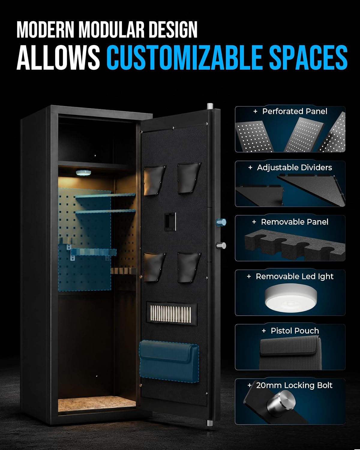KAER Biometric Gun Safe for Rifles and Pistols, 12-15 Rifle Safe Quick Access (Fits Scoped Rifles) with 24/7 Burglar Alarm, Adjustable Shelves & Pistol Pockets, Gun Cabinet for Home, Office - KaerWorld