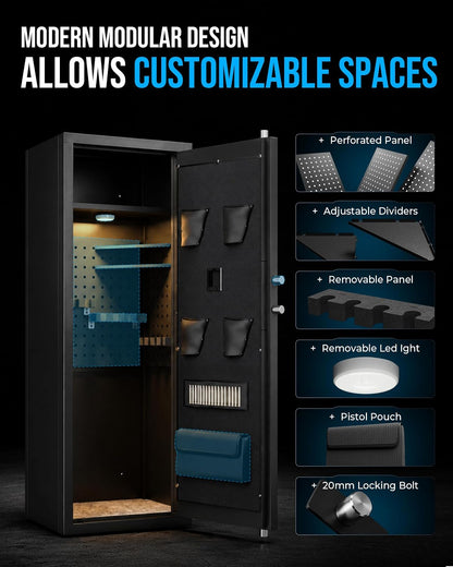 KAER Biometric Gun Safe for Rifles and Pistols, 12-15 Rifle Safe Quick Access (Fits Scoped Rifles) with 24/7 Burglar Alarm, Adjustable Shelves & Pistol Pockets, Gun Cabinet for Home, Office - KaerWorld