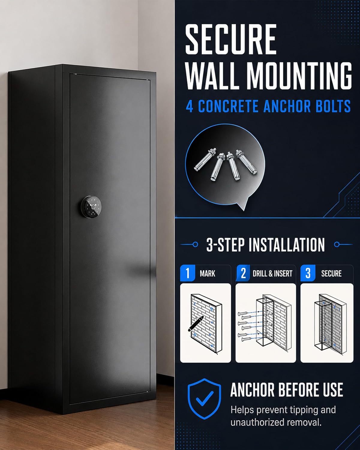 KAER Biometric Gun Safe for Rifles and Pistols, 12-15 Rifle Safe Quick Access (Fits Scoped Rifles) with 24/7 Burglar Alarm, Adjustable Shelves & Pistol Pockets, Gun Cabinet for Home, Office - KaerWorld