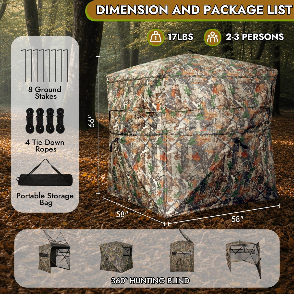 KAER Hunting Blind, 2–3 Person Pop-Up Camouflage Tent, Portable Concealed Shelter for Hunting - KaerWorld