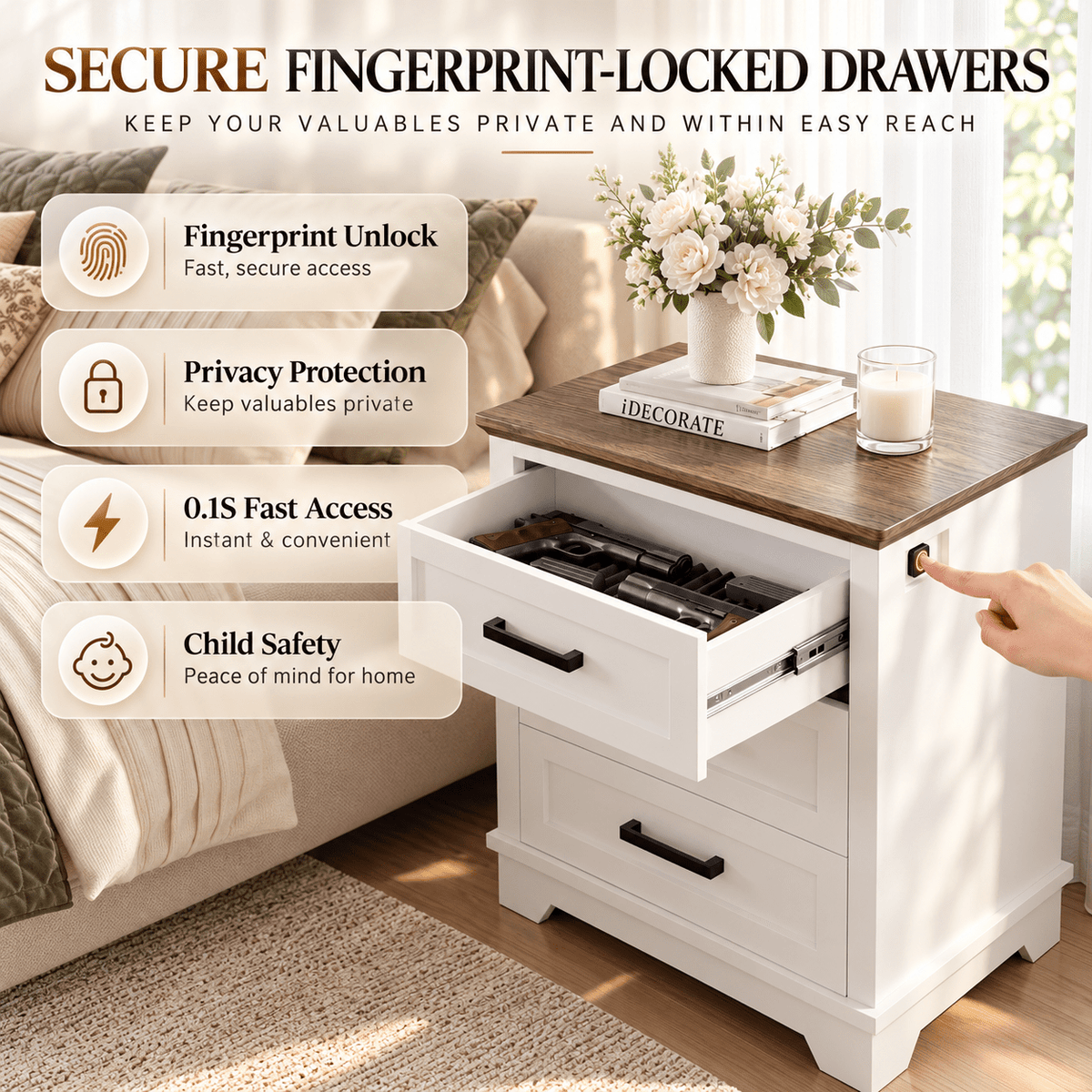 KAER Nightstand With Gun Drawer Fingerprint - KaerWorld